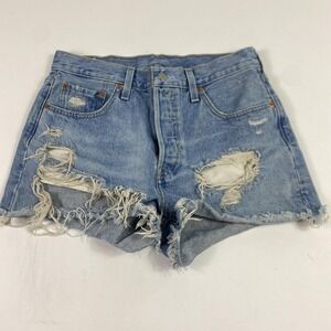 Levis 501 Premium Denim Shorts Womens 28 Blue High Rise Distressed Cutoff